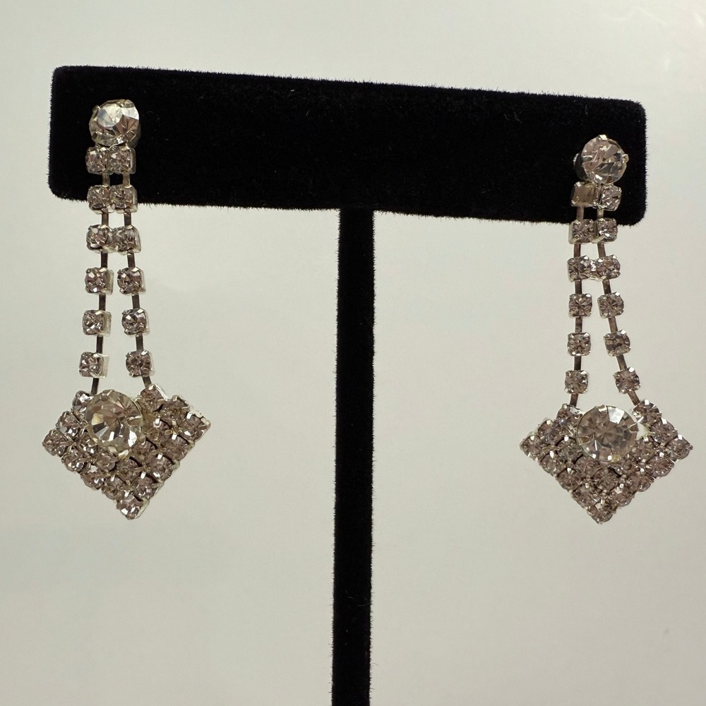 Earrings Rhinestone Cluster Dangle Silver Tone Diamond Shape Statement Jewelry